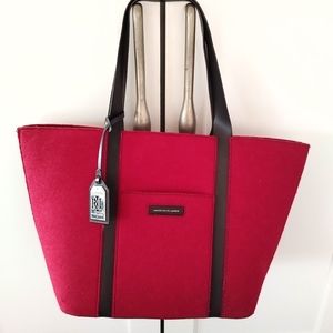 Huge Ralph Lauren Womens Tote Bucket Bag Red Felted Fabric Pockets Faux Leather
